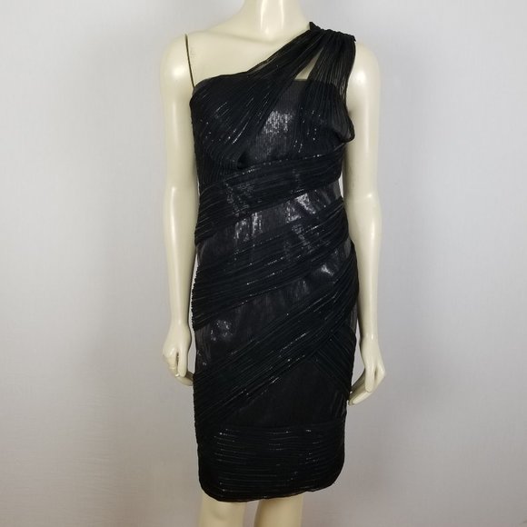 Tadashi Shoji one shoulder mesh tulle and sequin cocktail black dress sz 4 - Picture 1 of 8